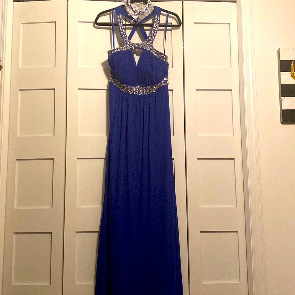 Royal blue prom dress with Rhinestone detailing